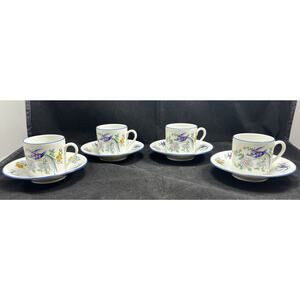 Lec Limoges France LeClair Bird & Floral Porcelain Cup & Saucers. Set Of 4